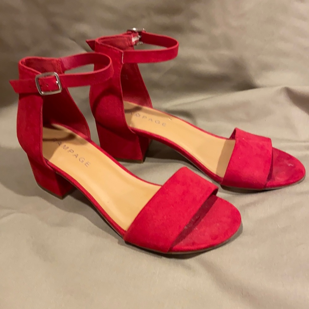 Red ankle strap shoe with chunky heel